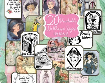 Dollhouse Wall Art Signs Printable Set of 20 for 1:12 Scale, Vintage Beauty Tea Room Religious and Shop Signs Download Victorian Signs