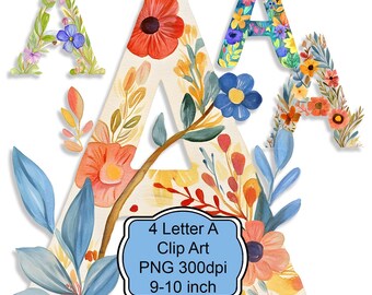 Floral Letter A Clipart PNG Bundle for Sublimation, Scrapbooking, Junk Journals, Printable Wall Art, Cards and Decoupage Crafts POD Projects