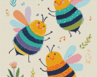 Cheerful Bees at Play Cross Stitch Pattern Whimsical Nursery Kids Wall Art PDF 14 Count