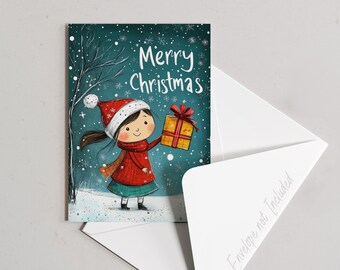 Joyful Christmas Girl with Gift Greeting Card – 5 x 7 PRINTABLE -Instant Download Whimsical Scrapbooking, Journaling