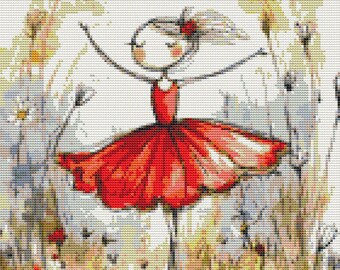 Dancing Through the Meadow Cross Stitch Pattern Printed Chart Girl Art (PDF) 14 ct