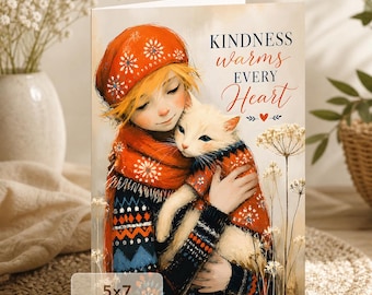 Encouragement Card Kindness Warms Every Heart Cat Lover Printable Card 5x7 Digital Download