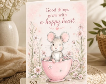 Watercolor Mouse in Teacup Card: Good Things Grow (5x7 Digital Download)