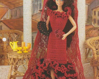 Spanish Rose Crochet Doll Gown Pattern Leaflet 1997 Vintage Annie's Attic Fashion Doll Flamenco Style Dress