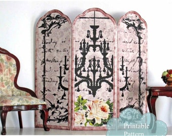 Chandelier and Roses Printable Dollhouse Room Screen Miniature 1:12 Scale 021