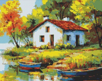 Autumn Cottage Lakeside Cross Stitch Pattern: Scenic Fall Landscape (PDF)