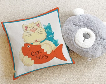 Cute Kitty Cat with Fish Cat Nip | Printable Cross Stitch Pattern for Pillow, Tote or Frame It! 21-020
