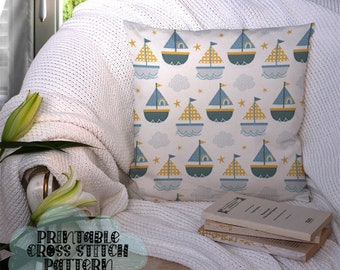Little Boy Sailboats  Printable Cross Stitch Pattern for Throw Pillow Front or Framed Picture