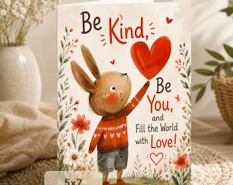 Cute Bunny Card: Be Kind Be You Fill the World with Love (5x7 Digital Download)