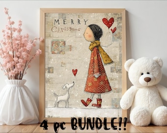 Christmas Girl and Dog Art Printables – Holiday Wall Art Bundle (Digital Download)