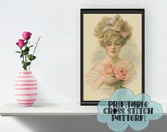 Vintage Lady Pink Roses | Printable Cross Stitch Pattern 536 Vintage Style