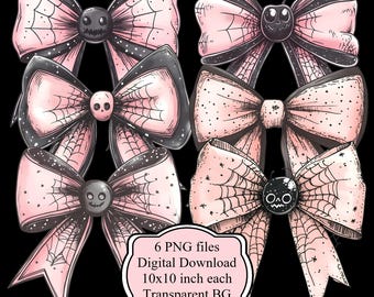 Creepy Cute Pink Bow PNG Set for Halloween Sublimation, Scrapbooking, Tags, Junk Journals, Cards, Wall Art, Decoupage and Crafts