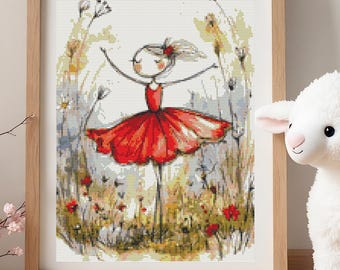 Dancing Through the Meadow Cross Stitch Pattern Printed Chart Girl Art (PDF) 14 ct