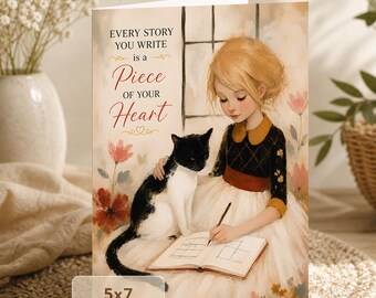 Girl and Cat Card: Every Story Is a Piece of Your Heart (5x7 Digital Download)