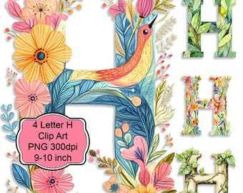 Rustic and Leafy Letter H Clipart Set PNG for Wall Art, Decoupage, Scrapbooking, Junk Journals, Sublimation, Tags, Signs and Cards