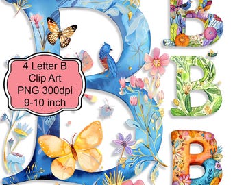 Whimsical Letter B PNG Bundle with Flowers, Birds, Butterflies for Junk Journals, Sublimation, Wall Art, Cards and Crafts Decoupage & Signs