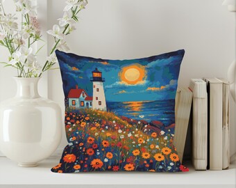 Lighthouse Sunset Cross Stitch Pattern: Seaside Wildflower Meadow (PDF)