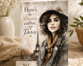 Paris Fashion Travel Card, Chic Illustration, Eiffel Tower, Vintage Style (Digital Download)