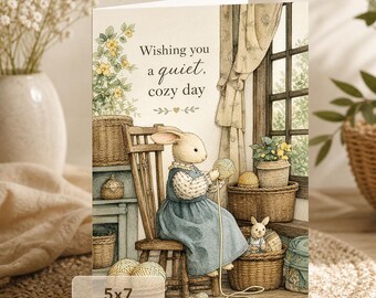 Bunny Knitting Card | Cozy Cottage Greeting (Digital Download) Junk Journal Ephemera