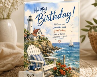 Coastal Birthday Card: Lighthouse and Smooth Seas Wishes (5x7 Digital Download)