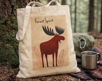 Forest Spirit Moose Tote Bag | Rustic Woodland Illustration, Canvas Shopper