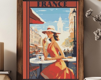Vintage France Cafe Cross Stitch Pattern Elegant European Travel Poster Style Wall Art (PDF) 14 ct