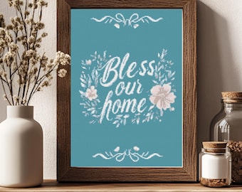 Bless Our Home Floral Cross Stitch Pattern Cottage Wall Art Sampler (PDF) 14 ct