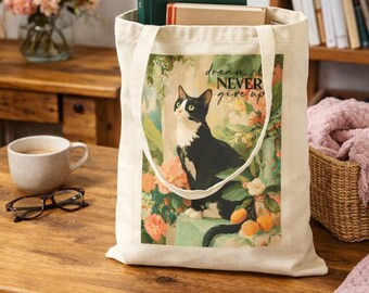 Vintage Floral Tuxedo Cat Tote Bag | Botanical Cat Illustration