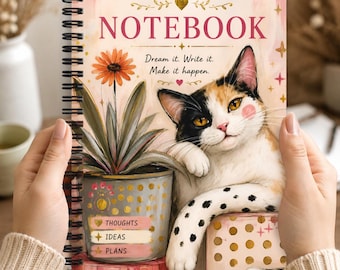 Calico Cat Notebook Journal with Whimsical Floral Artwork Cute Gift for Cat Lovers and Writers