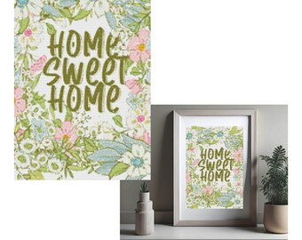 Home Sweet Home | Floral Printable Cross Stitch Pattern | Whimsical Pink, White, and Blue Flowers Instant Download Embroidery