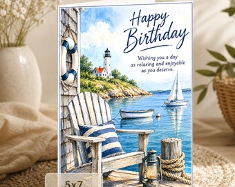 Nautical Birthday Card: Relaxing Lighthouse and Sailboat Scene (5x7 Digital Download)