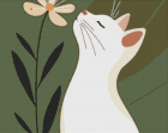 White Cat and Flower Cross Stitch Pattern, Minimalist Floral (PDF)