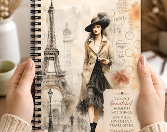 Paris Travel Inspirational Spiral Notebook with Elegant Woman Eiffel Tower Vintage French Journal Gift