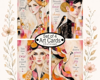 Set of 4 Art Cards Beautiful Women Floral Inspirational Quotes 3.5x5 Junk Journal Ephemera Collage Craft Supplies Digital Download