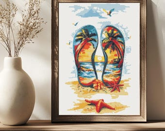 Seaside Reflections Flip Flops Cross Stitch Pattern Beach Sunset Coastal Wall Art (PDF) 14 ct