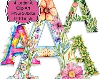 Printable Letter A Clipart Set PNG Floral Botanical Watercolor Alphabet Letters for Sublimation Scrapbooking Decoupage Junk Journals Crafts