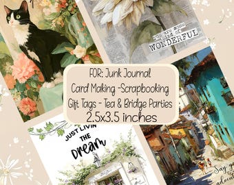 Cat Sunflower Village Wordart Junk Journal Scrapbooking Gift Tags Card Toppers PDF Download