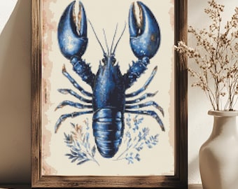 Blue Lobster Nautical Cross Stitch Pattern Coastal Ocean Sea Life Wall Art (PDF) 14 ct