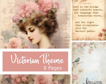 Victorian Style Journal and Scrapbooking Cards - Printable Set of 8 (4x6 inches) with Pretty Ladies, Pink Roses, and More