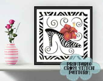 Chic Zebra Shoe with Hibiscus Printable Cross Stitch Pattern 601
