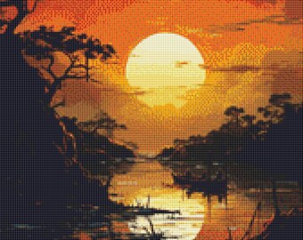 Enchanting Moonlit Serenity: Red Sky, Moonlit Reflections Cross Stitch Pattern #01sun