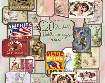 Dollhouse Wall Art Printables Set of 20 for 1:12 Scale, Patriotic Vintage Floral Bath Angel Dog Quote Signs PDF Miniature Décor