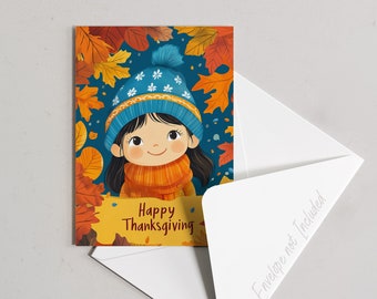 Cozy Thanksgiving Card with Smiling Girl and Autumn Leaves – 5 x 7 PRINTABLE - Instant Download Whimsical Scrapbooking, Journaling