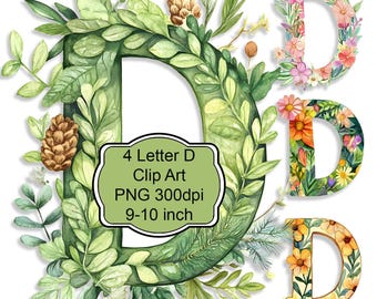 Floral Letter D Clipart PNG Bundle for Junk Journals, Scrapbooking, Sublimation, Wall Art, Cards, Tags, and DIY Craft Decoupage & Signs