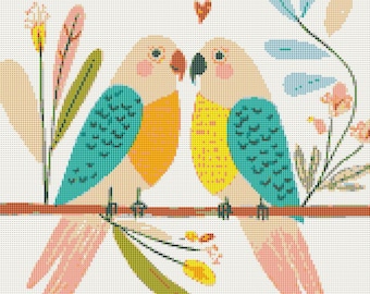 Tropical Lovebirds Cross Stitch Pattern PDF – 14 Count