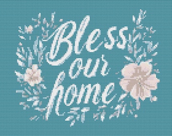 Bless Our Home Floral Cross Stitch Pattern Cottage Wall Art Sampler (PDF) 14 ct