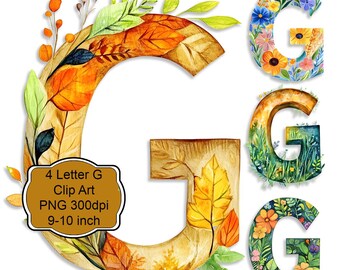 Seasonal Letter G PNG Bundle with Flowers and Leaves for Wall Art, Sublimation, Scrapbooking, Decoupage, Cards, Signs, Tags and Journals