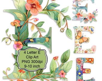 Botanical Letter E PNG Bundle with Flowers and Butterflies for Scrapbooking, Sublimation, Wall Art, Cards, Journals and Tags Decoupage Signs