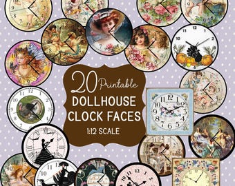 Dollhouse Clock Faces Printable Set of 20 for 1:12 Scale, Angels Floral People Thanksgiving Square Clock PDF DIY Instant Download