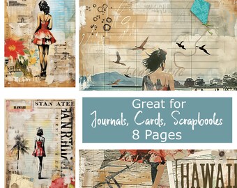 8 Tropical Bliss Junk Journal Pages: Hawaii-themed Beach Beauties Collection Scrapbooking Travel Adventure